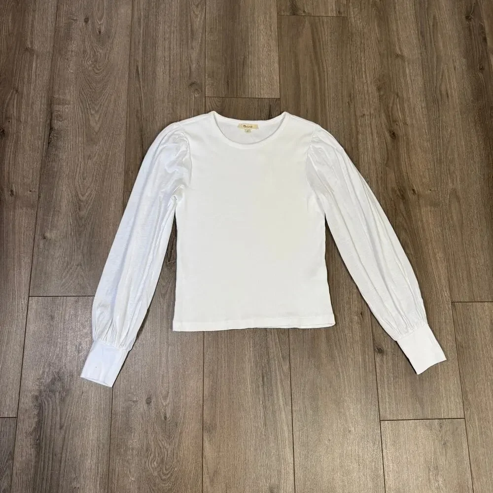 Madewell Ribbed Puff-Sleeve Top Sz S White Long Sleeve Slim Fit Pullover Cotton - Picture 4 of 8